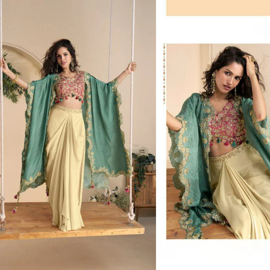 Ira Chinon Silk Blouse & Palazzo Set with Shrug Dupatta