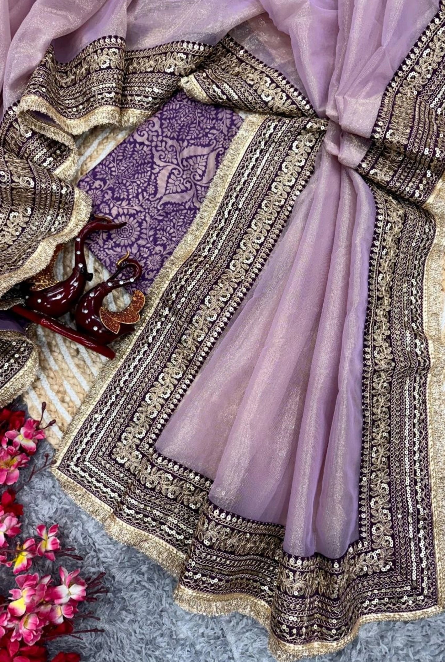 Soft Twill Net Saree with Sequins & Dori Embroidery Border