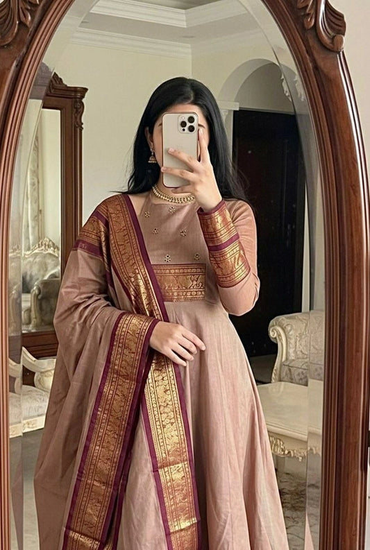 Pattu Cotton Anarkali Set with Jacquard Zari Border