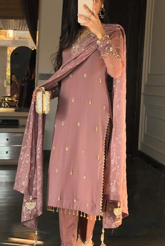 Faux Georgette Embroidered Kurta Pant Dupatta Set