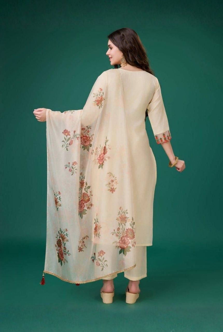 Ivory Florals Viscose Silk Kurti Set