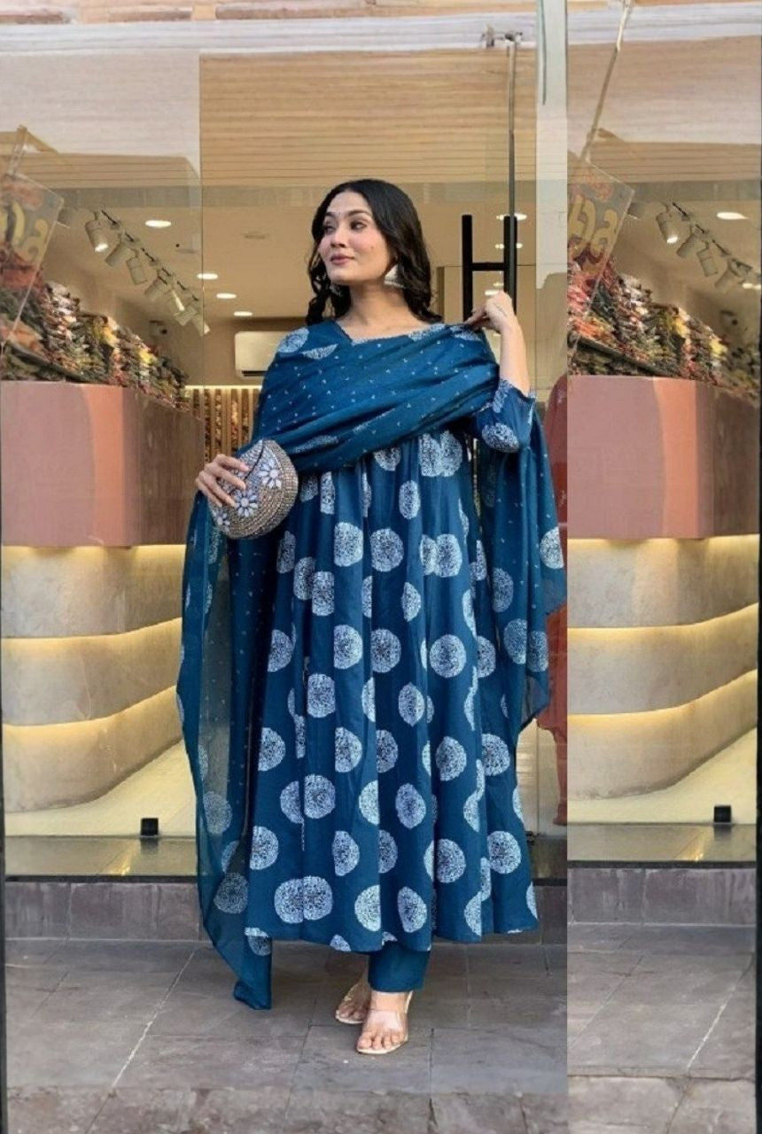 Indigo Bloom Embroidered Rayon Kurti