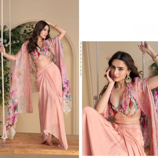 Ira Chinon Silk Blouse & Palazzo Set with Shrug Dupatta