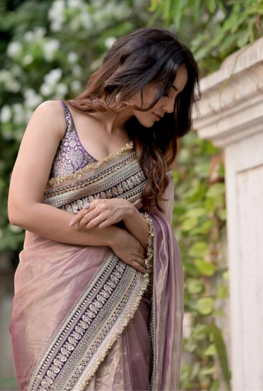 Soft Twill Net Saree with Sequins & Dori Embroidery Border