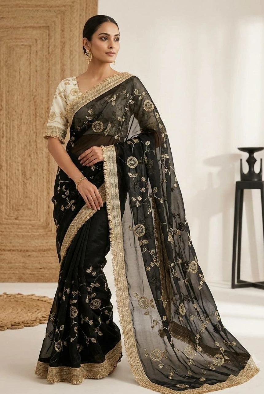 Ira Fendi Satin Embroidered Saree