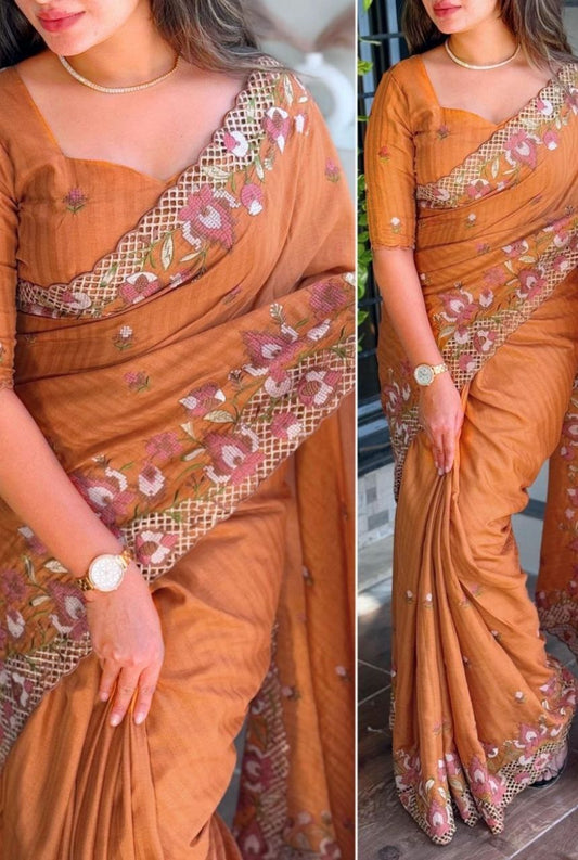 Viscose Slub Silk Embroidered Cutwork Saree