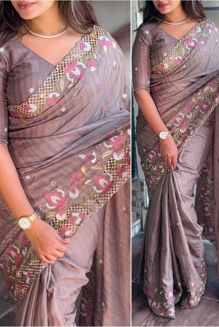 Viscose Slub Silk Embroidered Cutwork Saree