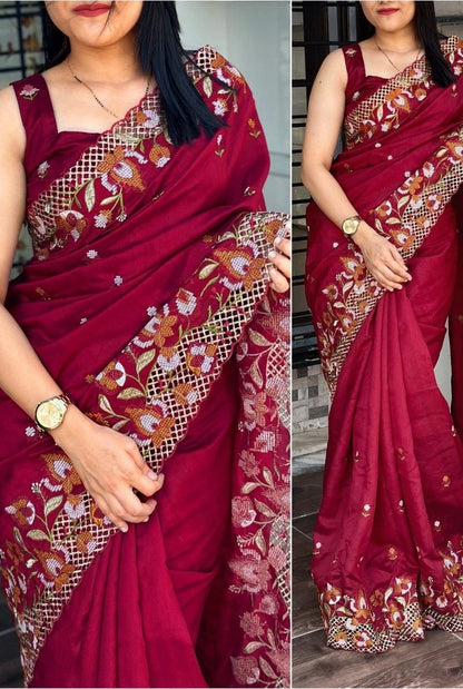 Viscose Slub Silk Embroidered Cutwork Saree