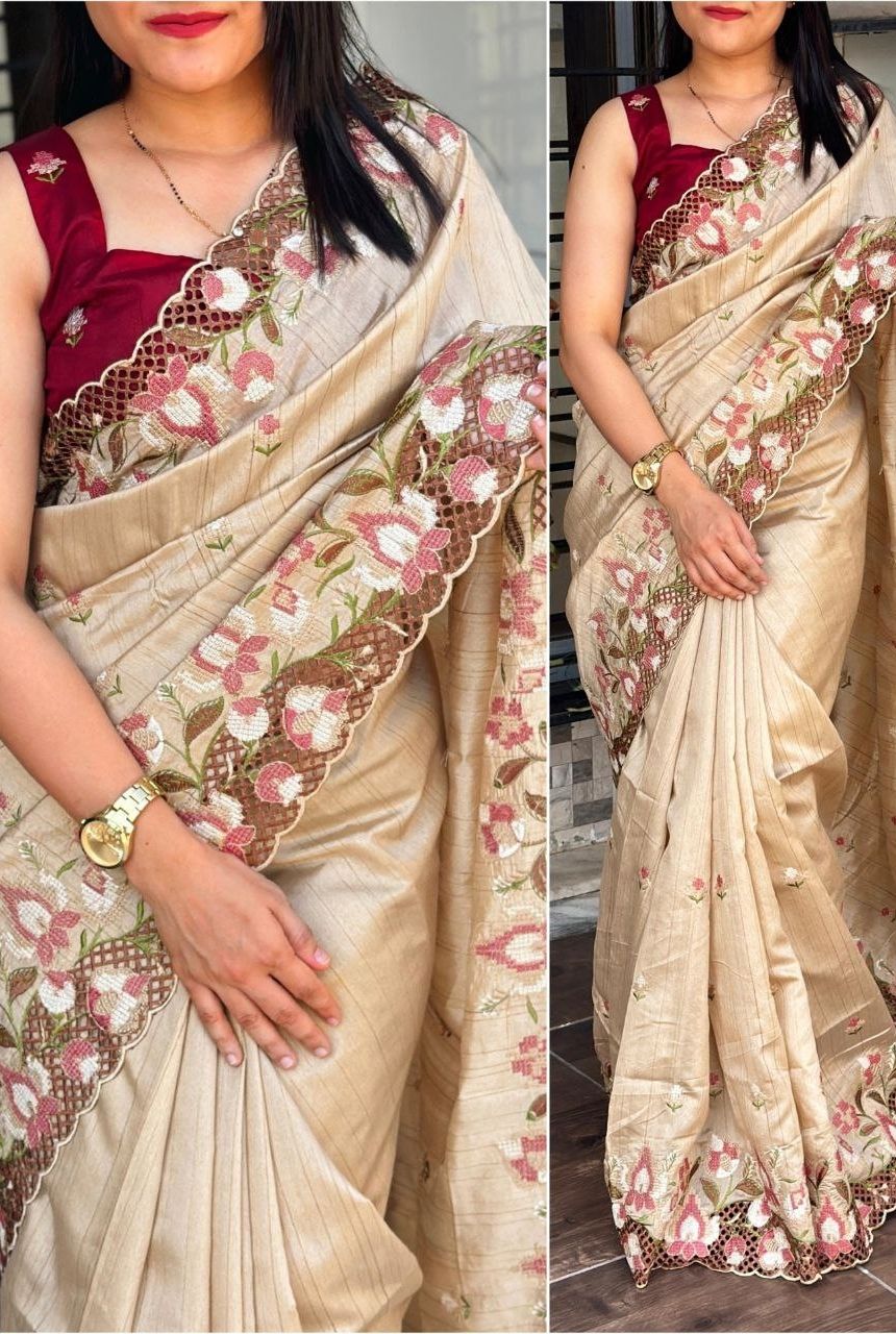Viscose Slub Silk Embroidered Cutwork Saree
