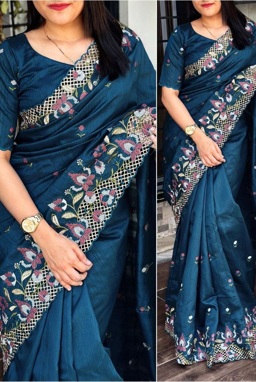 Viscose Slub Silk Embroidered Cutwork Saree