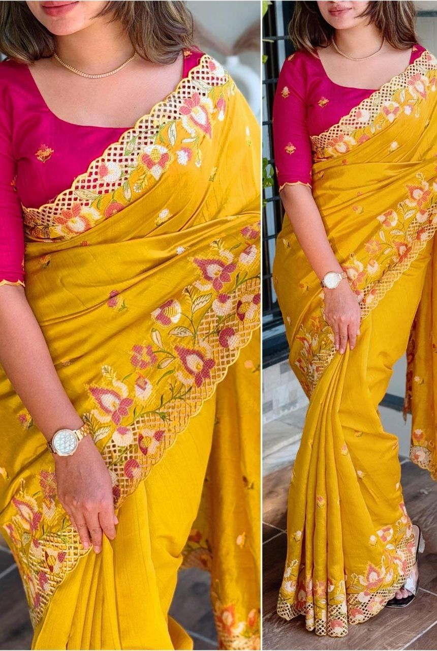 Viscose Slub Silk Embroidered Cutwork Saree