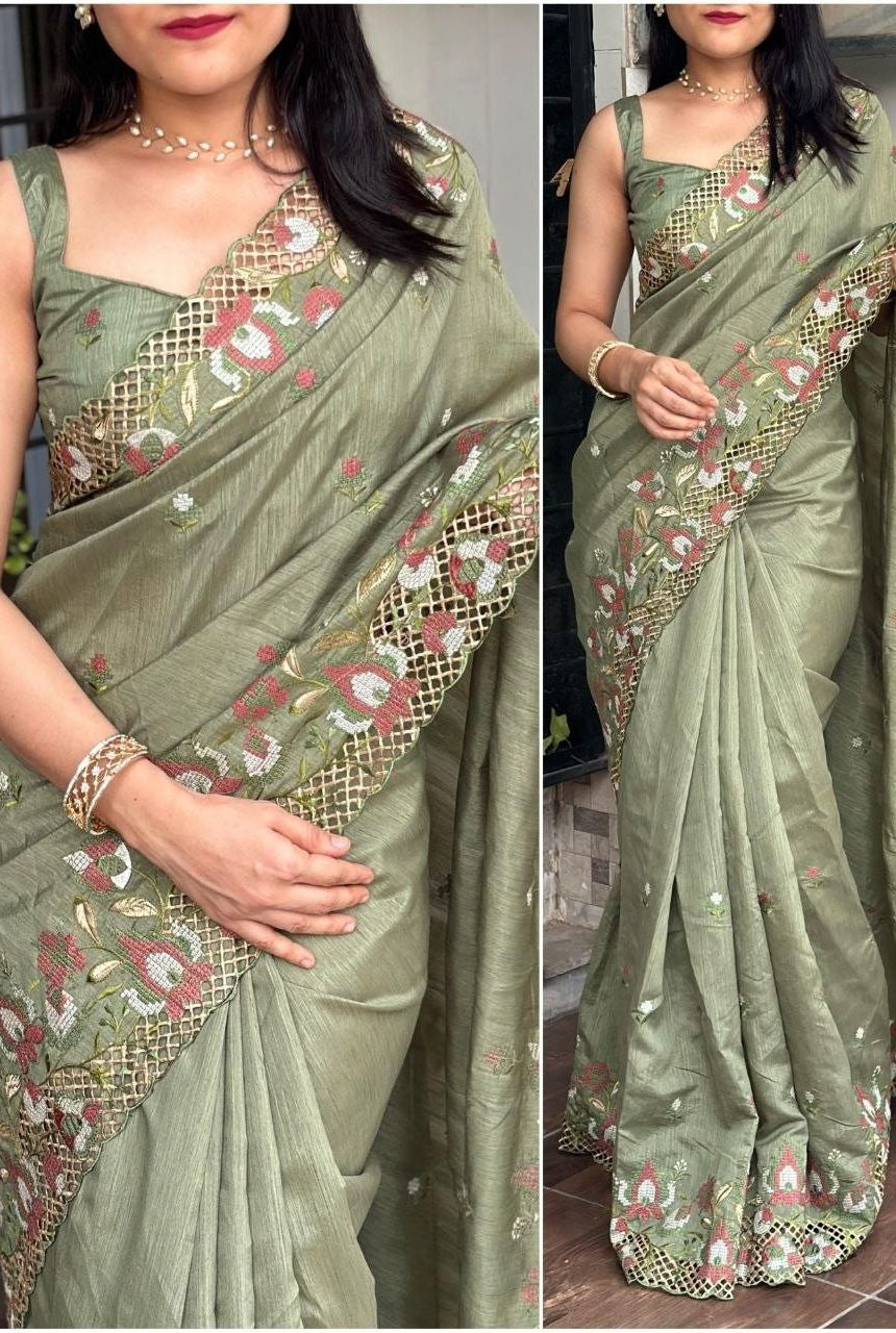 Viscose Slub Silk Embroidered Cutwork Saree