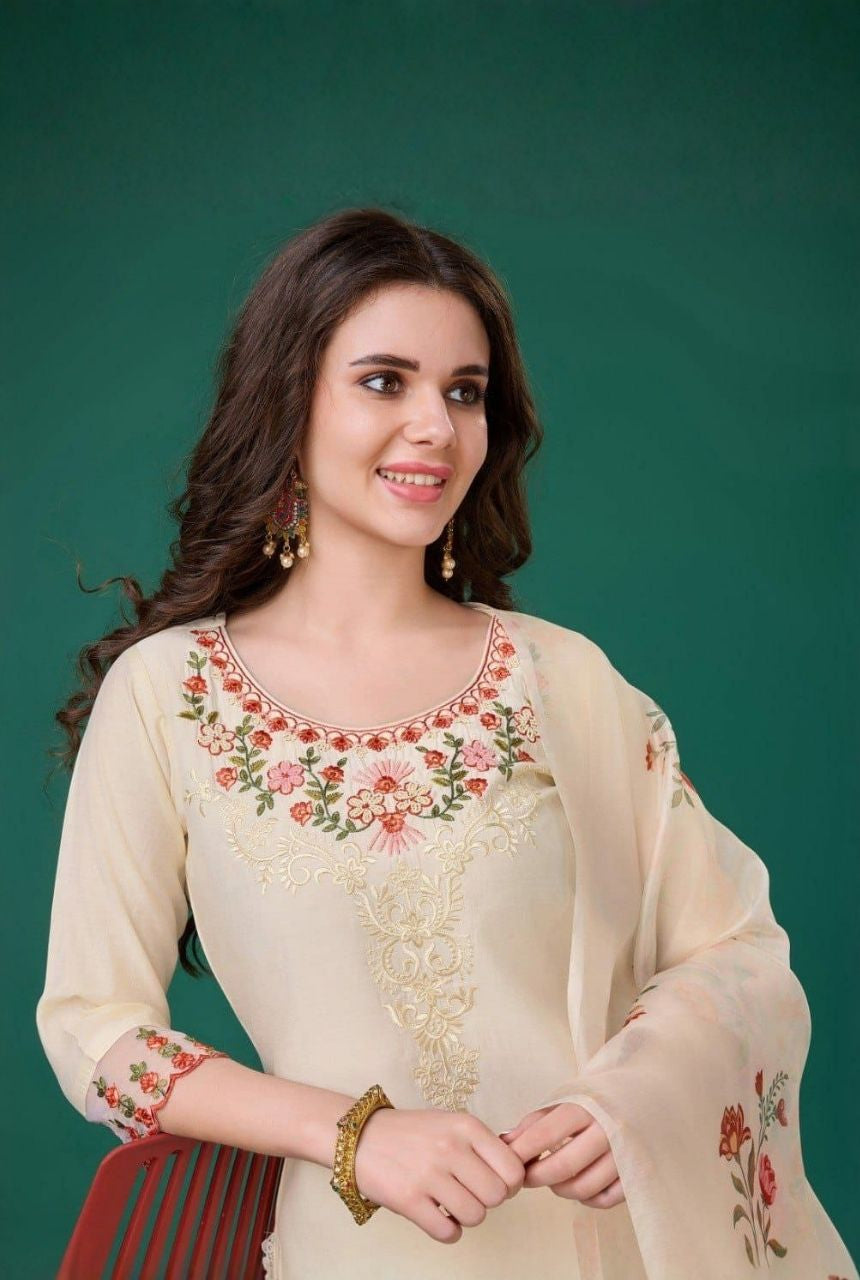 Ivory Florals Viscose Silk Kurti Set