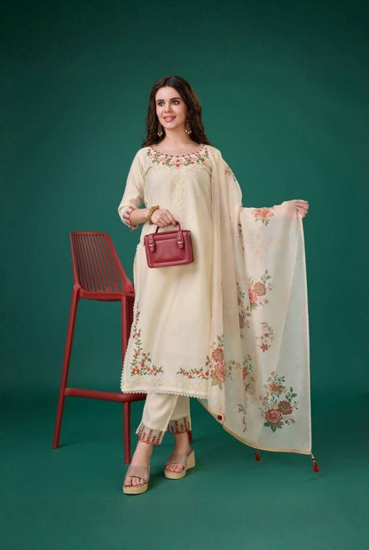 Ivory Florals Viscose Silk Kurti Set