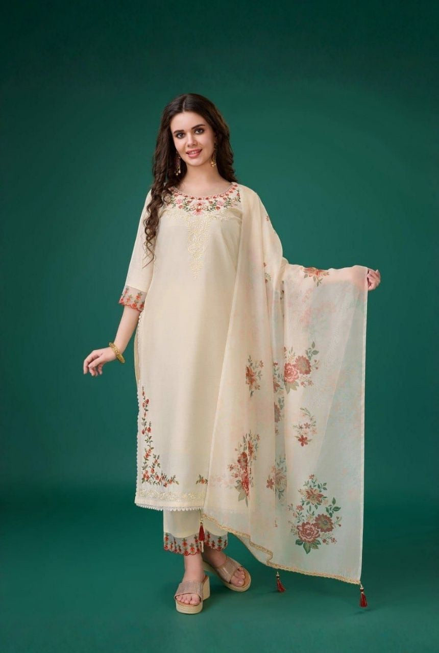 Ivory Florals Viscose Silk Kurti Set