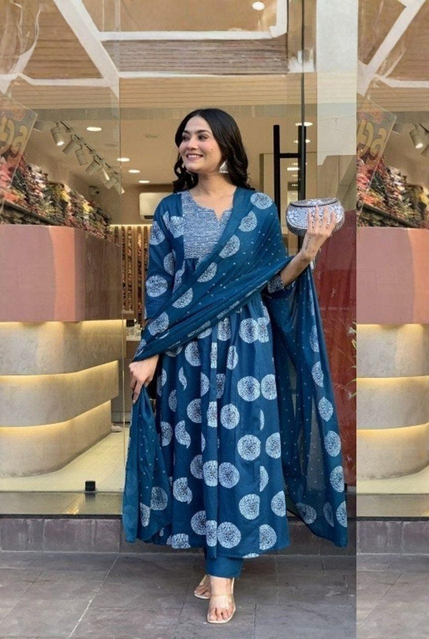 Indigo Bloom Embroidered Rayon Kurti